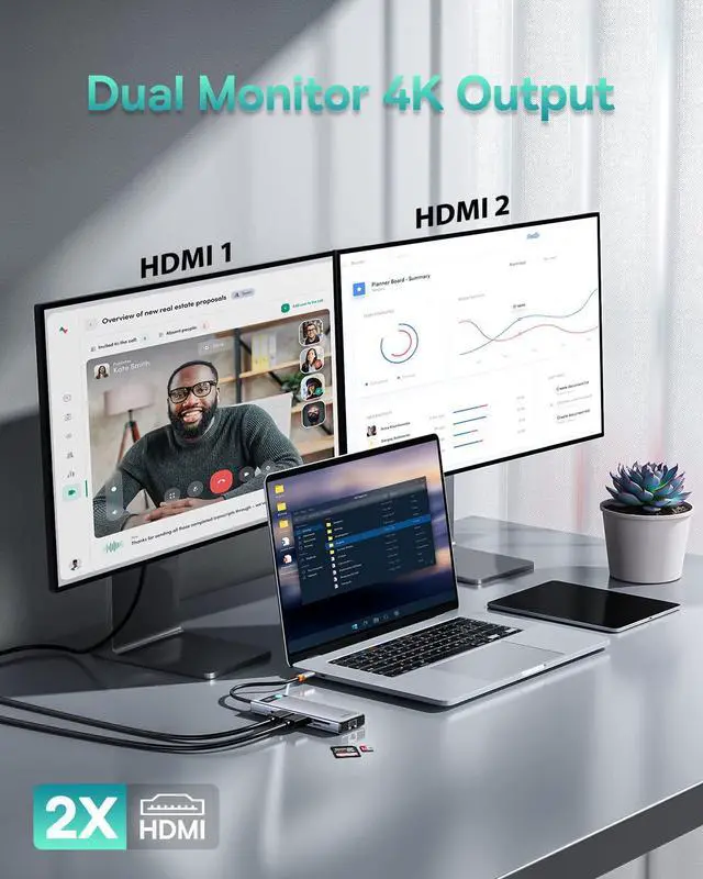 Alt view image 3 of 6 - Laptop Docking Station Dual Monitor, 9 in 1 USB C Hub with 1000Mbps LAN, 2 HDMI 4K, 100W PD, SD/TF Card Reader, 3 USB, Light Indicator, USB C Dock for MacBook/Dell/HP/Surface/Lenovo