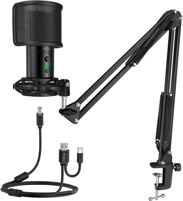 Main image of FIFINE USB Gaming Streaming Microphone Kit for PC Computer, Condenser Mic Set with Arm Stand Mute Button & Gain, Mic Studio Bundle for Podcast Recording Twitch Discord YouTube Zoom, USB C & A