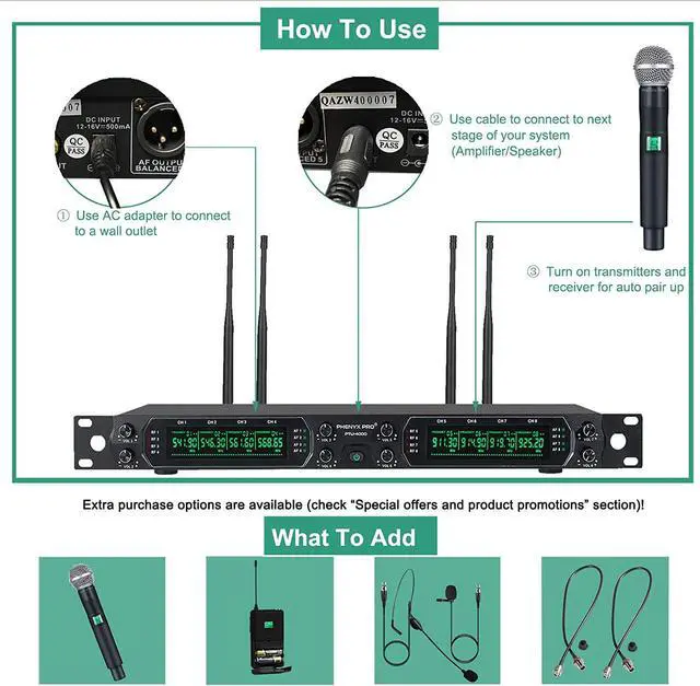 Alt view image 4 of 5 - Wireless Microphone System, Phenyx Pro 8-Channel UHF Cordless Mic with Metal Handheld Wireless Mics, Fixed Frequency Dynamic Microphone for Karaoke,Church,Singing,DJ,260ft Operation