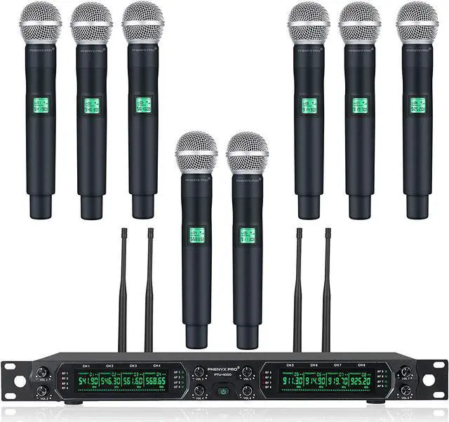 Main image of Wireless Microphone System, Phenyx Pro 8-Channel UHF Cordless Mic with Metal Handheld Wireless Mics, Fixed Frequency Dynamic Microphone for Karaoke,Church,Singing,DJ,260ft Operation