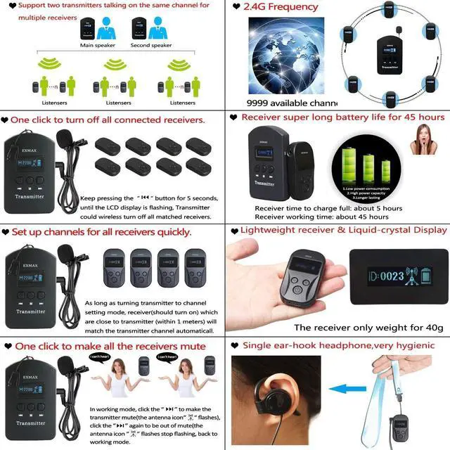 Alt view image 3 of 7 - 2.4GHz Wireless Audio Tour Guide System for Industry Visit, Civic Meeting, Corporate/Government Visitant Reception, Student Training - 2 Transmitters 15 Receivers & Silver Storage Case