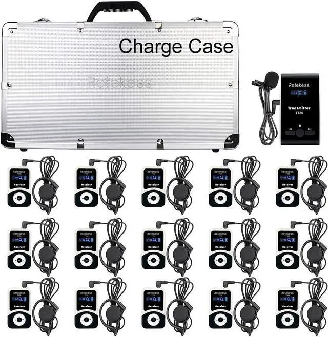 Main image of Case of 1 transimitter and 15 Receiver 1 Charging Case,Retekess T130, 99 Channel,Wireless Tour Guide System,Church Translation System,Assistive Listening Devices for Curch,School,Factory