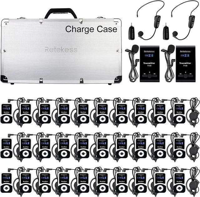 Main image of Case of 2 Transmitter 30 Receiver 1 Charging Case, Retekess T130, Tour Guide Audio System with 2 TT123 Wireless Microphone, Church Translation Equipment for Factory, School, Training