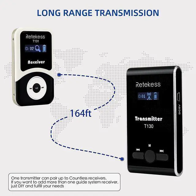 Alt view image 4 of 7 - Case of 2 Transmitter 30 Receiver 1 Charging Case, Retekess T130, Tour Guide Audio System with 2 TT123 Wireless Microphone, Church Translation Equipment for Factory, School, Training
