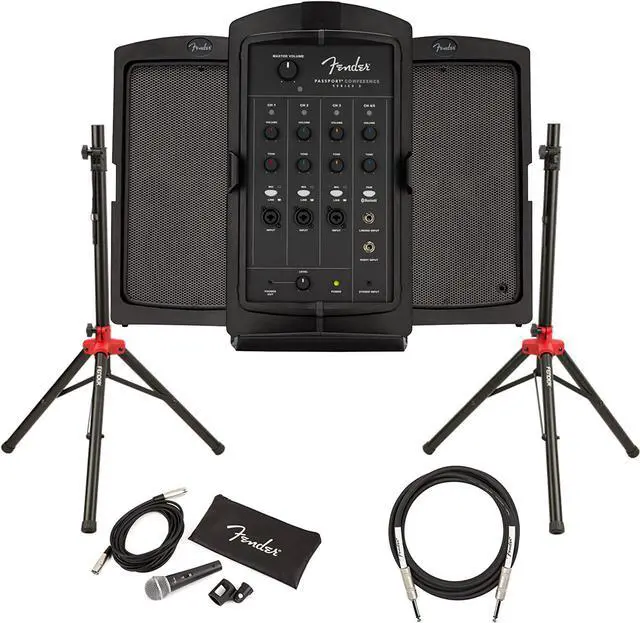 Main image of Passport Conference S2 Portable PA System Bundle with Compact Speaker Stands, Microphone, Mic Stand Clip, XLR Cable, and Instrument Cable
