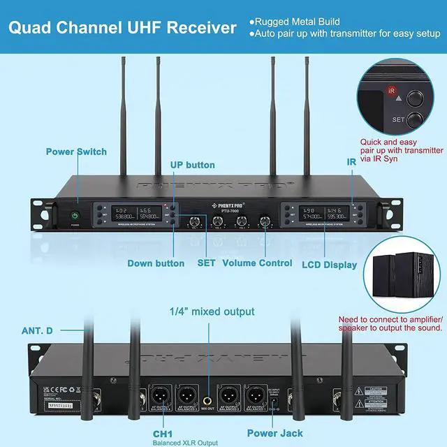 Alt view image 2 of 5 - Wireless Microphone System, Phenyx Pro Quad Channel Wireless Mic Set w/ 4 Bodypacks and Headsets/Lapel Mics, 4x40 Channels, Auto Scan,328ft Coverage, Cordless Mic for Singing, DJ, Church