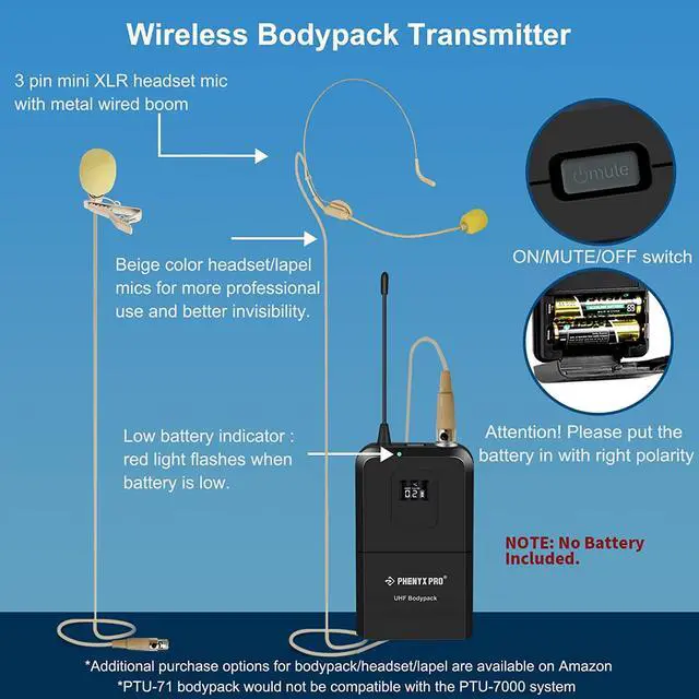Alt view image 4 of 5 - Wireless Microphone System, Phenyx Pro Quad Channel Wireless Mic Set w/ 4 Bodypacks and Headsets/Lapel Mics, 4x40 Channels, Auto Scan,328ft Coverage, Cordless Mic for Singing, DJ, Church