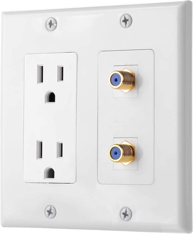 Main image of IBL-15A Power Outlet, 2 Port Coax Cable TV Gold-Plated F Type -Wall Plate in White