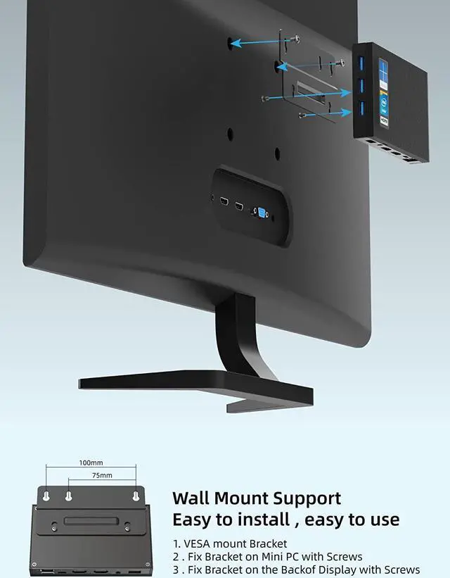 Alt view image 6 of 7 - Mini PC Fanless Quieter2Q Windows 11 Pro Celeron J4125 8GB/256GB Small Desktop Computer Micro PC Support M.2 SSD up to 4TB Dual HDMI 4K 2.4G/5G Wi-Fi Gigabit Ethernet BT4.2 Win 10,PXE,Plex VESA Mount