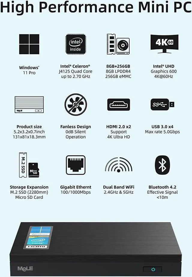 Alt view image 5 of 7 - Mini PC Fanless Quieter2Q Windows 11 Pro Celeron J4125 8GB/256GB Small Desktop Computer Micro PC Support M.2 SSD up to 4TB Dual HDMI 4K 2.4G/5G Wi-Fi Gigabit Ethernet BT4.2 Win 10,PXE,Plex VESA Mount