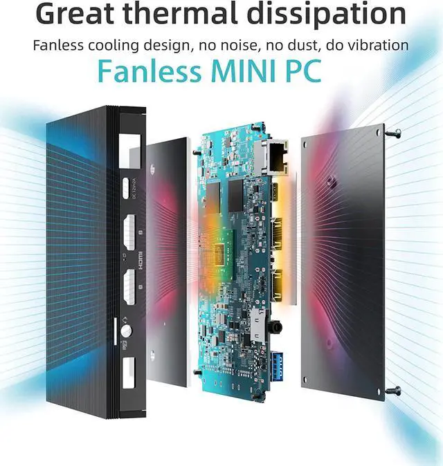 Alt view image 4 of 7 - Mini PC Fanless Quieter2Q Windows 11 Pro Celeron J4125 8GB/256GB Small Desktop Computer Micro PC Support M.2 SSD up to 4TB Dual HDMI 4K 2.4G/5G Wi-Fi Gigabit Ethernet BT4.2 Win 10,PXE,Plex VESA Mount