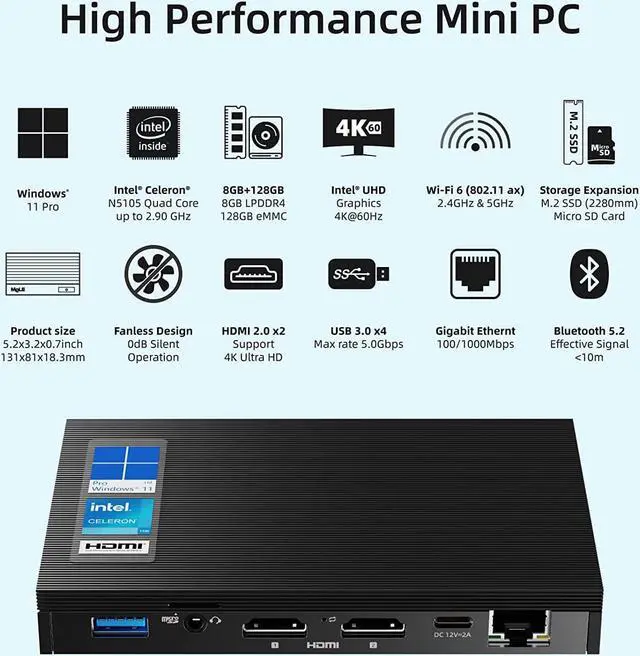 Alt view image 5 of 7 - Mini PC Fanless Quieter3Q Windows 11 Pro N5105 8GB/128GB Small Desktop Computer Micro PC Support M.2 SSD up to 4TB Dual HDMI 4K HDR 2.4G/5G Wi-Fi 6, Gigabit Ethernet BT5.2 Win 10,PXE,USB3.0,VESA Mount