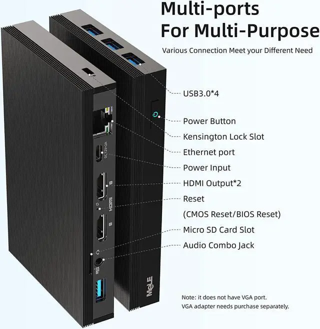 Alt view image 3 of 7 - Mini PC Fanless Quieter3Q Windows 11 Pro N5105 8GB/128GB Small Desktop Computer Micro PC Support M.2 SSD up to 4TB Dual HDMI 4K HDR 2.4G/5G Wi-Fi 6, Gigabit Ethernet BT5.2 Win 10,PXE,USB3.0,VESA Mount