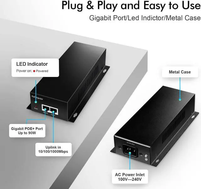 Alt view image 3 of 7 - Gigabit PoE+ Injector, 90W 802.3af/at/bt 1000Mbps, Plug & Play, Desktop/Wall-Mount Metal, Distance Up to 100 Meters (328 ft.)