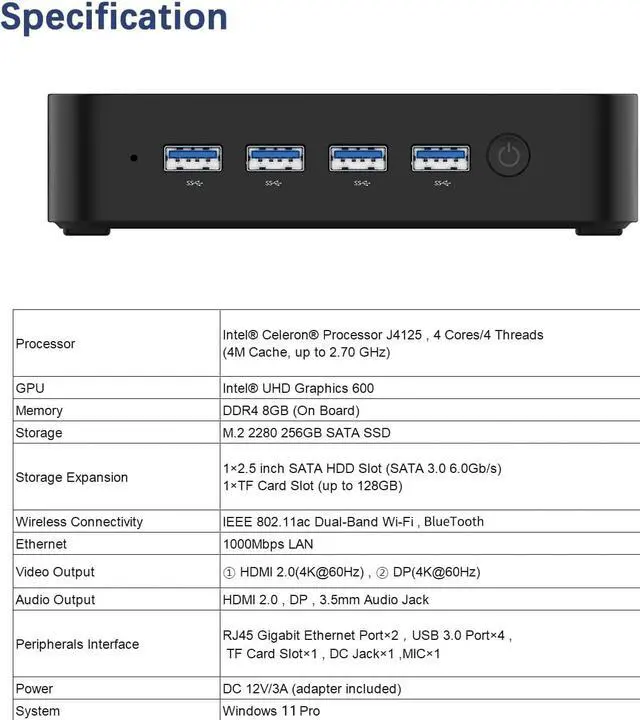 Alt view image 2 of 7 - Mini PC GK41 with Windows 11 Pro 8GB DDR4 256GB SSD Celeron J4125 Processor Quad Core Dual LAN Mini PC, USB3.0 x4, Digital Mic, Mini Computers 4K HDMI/DP Port, Dual Band Wi-Fi Micro PC