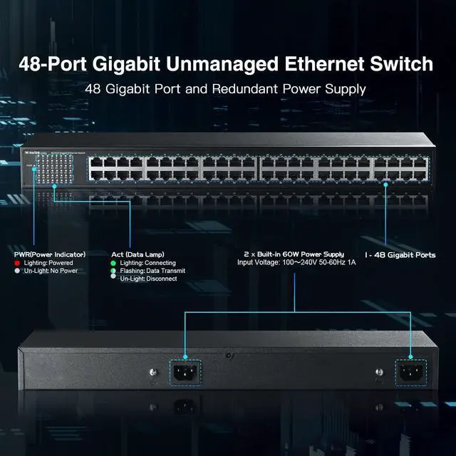Alt view image 4 of 7 - 48 Port Gigabit Ethernet Switch, Dual Power Supply, Fanless Metal Rackmount Unmanaged Plug and Play Network Switch
