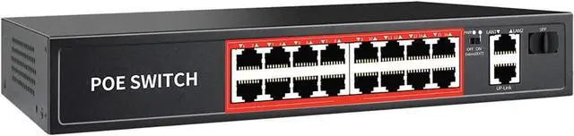 Main image of PoE Switch with 16 POE Ports +2 Gigabit Uplink,1 x 1G SFP,802.3af/at PoE+ 100Mbps, 240W Built-in Power, Extend to 250Meter,Unmanaged Metal Plug and Play