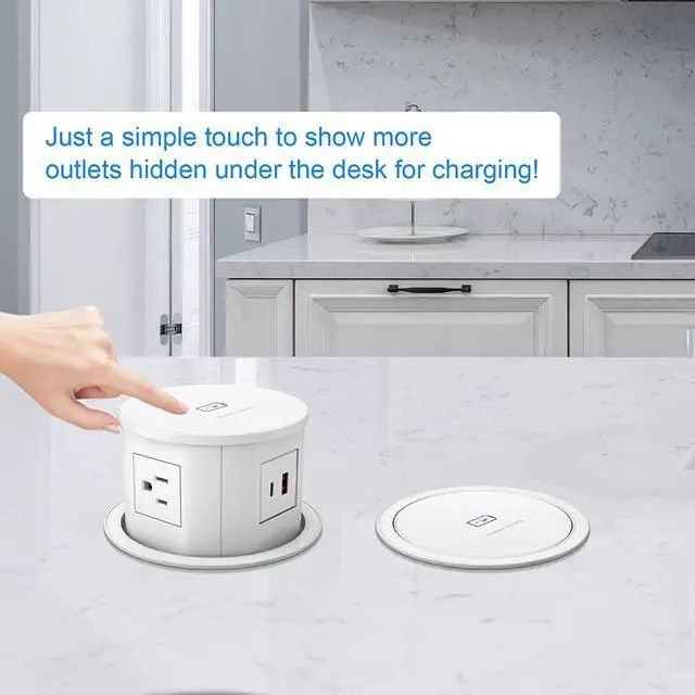 Alt view image 2 of 7 - Automatic Pop Up Outlet for Countertop, 4.7inch Retractable Recessed Pop Up Socket with 15W Wireless Charger, 4 AC Plug, PD 20W USB-A and USB-C 6FT Cord for Conference Kitchen Garage Workbench (White)