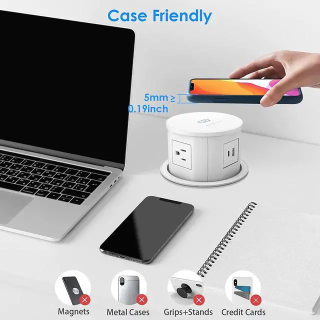 Alt view image 4 of 7 - Automatic Pop Up Outlet for Countertop, 4.7inch Retractable Recessed Pop Up Socket with 15W Wireless Charger, 4 AC Plug, PD 20W USB-A and USB-C 6FT Cord for Conference Kitchen Garage Workbench (White)