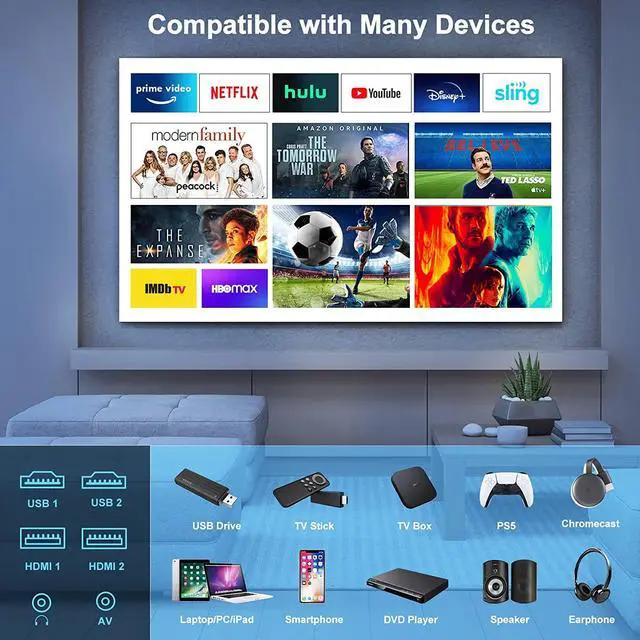 Alt view image 6 of 7 - Projector with WiFi and Bluetooth, Projector 4K Support Native 1080P Projector, 5G WiFi Outdoor Projector with 350 ANSI Max 300" Display, Movie Projector Compatible w/iOS/Android/Win/PS5, White