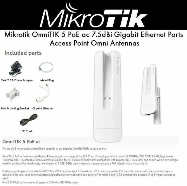 Main image of Mikrotik OmniTIK 5 PoE ac 7. 5dBi Gb Ethernet Ports Access Point Omni