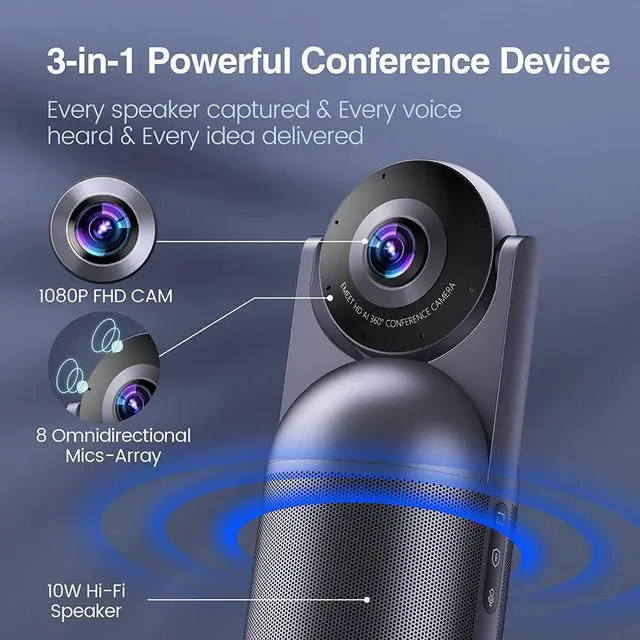 Alt view image 7 of 7 - Video Conference Camera - Meeting Capsule w/ 1080P 360 Webcam 8 Mics and Hi-Fi Speaker, AI Voice/Face/Figure Capturing Conference Room Camera w/ 5 Video Modes, Noise Reduction, Echo Cancellation
