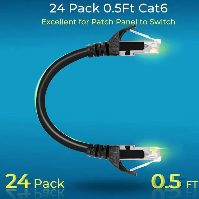 Alt view image 2 of 7 - Patch Cables Cat6 0.5ft 24 Pack,Ethernet Patch Cable 10G, Cat 6 Patch Cable for Patch Panel to Switch, Flexiable Cat 6 Ethernet Cable with Gold Plated Black