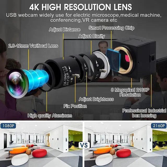 Alt view image 3 of 7 - 4K Ultra HD USB Camera,UHD 2.8-12mm 10X Varifocal Lens USB Camera with 2160P Sony IMX317 Sensor,UVC Compliant Webcam Support Most OS,Free Driver Plug and Play for Conference Calling Live Streaming