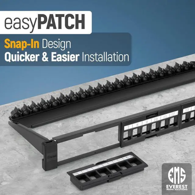 Alt view image 2 of 6 - easyPATCH (1-Pack) - 24 Port Keystone Patch Panel - Snap-in Design with Adjustable Rear Cable Management Bar - Heavy-Duty 19" 1U Rack, Cabinet Mount - for CAT5e, CAT6, CAT6A, USB, HDMI