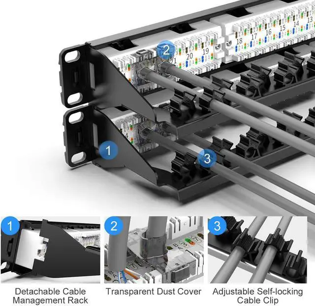 Alt view image 4 of 6 - Industrial Series CAT6 48 Ports Patch Panel, Rack Mount - 2U, 19 inch, RJ45 Ethernet 568A 568B, 50u Gold Plated, with Rear Cable Management Bar