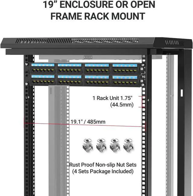 Alt view image 6 of 6 - Industrial Series CAT6 48 Ports Patch Panel, Rack Mount - 2U, 19 inch, RJ45 Ethernet 568A 568B, 50u Gold Plated, with Rear Cable Management Bar