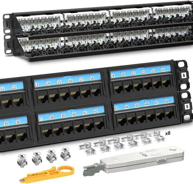 Main image of Industrial Series CAT6 48 Ports Patch Panel, Rack Mount - 2U, 19 inch, RJ45 Ethernet 568A 568B, 50u Gold Plated, with Rear Cable Management Bar
