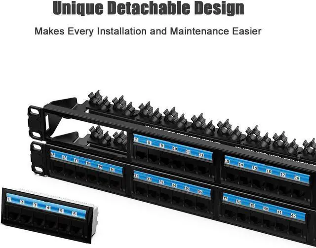 Alt view image 2 of 6 - Industrial Series CAT6 48 Ports Patch Panel, Rack Mount - 2U, 19 inch, RJ45 Ethernet 568A 568B, 50u Gold Plated, with Rear Cable Management Bar