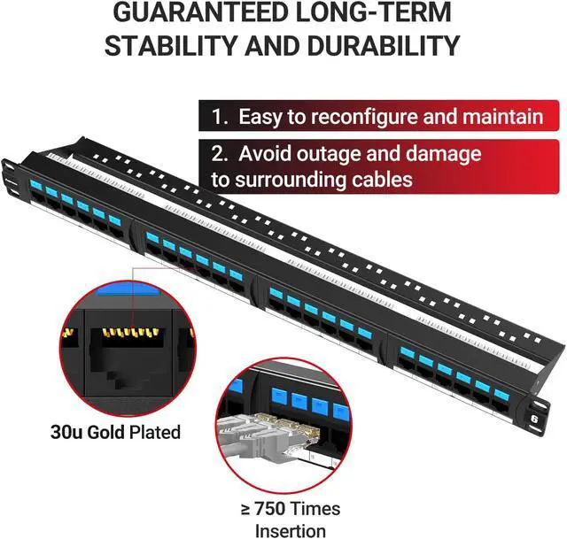 Alt view image 2 of 7 - CAT6 24 Ports Patch Panel, Rack Mount - 1U, 19 inch,RJ45 Ethernet 568A 568B, Gold Plated, with Rear Cable Management Bar