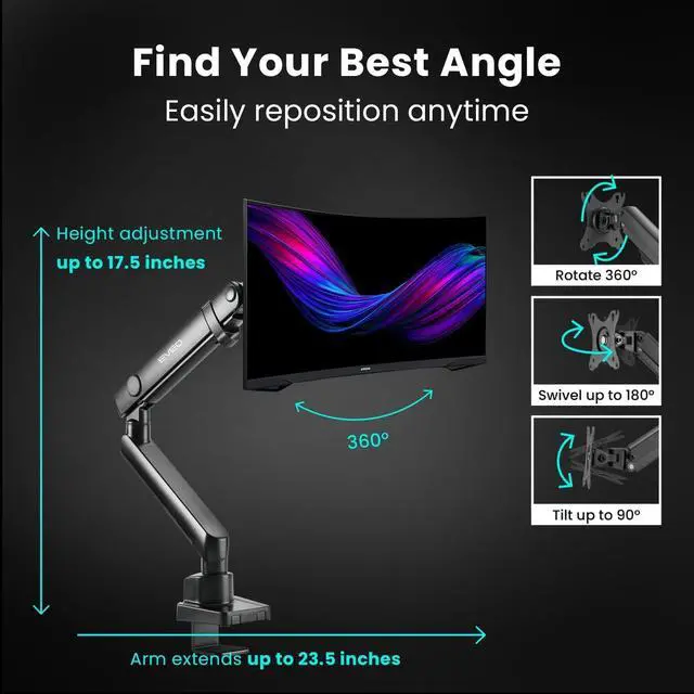 Alt view image 6 of 6 - Premium Single Monitor Arm - Adjustable Monitor Desk Mount - Full Swivel Single Monitor Mount Stand for 17 to 32 inch Computer Monitor Mount VESA Mount, Holds 17.6lbs/arm - Desk Monitor Mount
