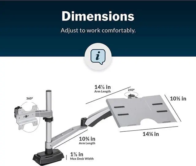 Alt view image 7 of 7 - Monitor Arm + Laptop Stand - VESA Monitor Mount with 360 Degree Rotation & 15" Laptop Stand with Adjustable Height - Monitor up to 27 inches, 19.8 lbs - Single Monitor & Laptop Mount