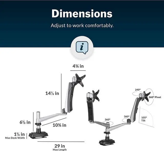 Alt view image 7 of 7 - Dual Monitor Arm - VESA Monitor Mount with 360 Degree Adjustment - Double Monitor Arms with Full Range Adjustability - Computer Monitor Stand - Desk Organizers & Accessories for Home or Office