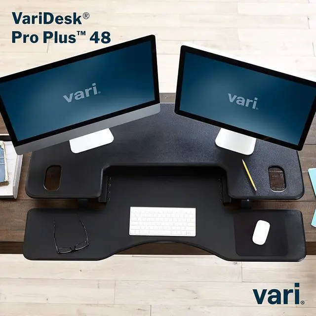 Alt view image 3 of 7 - VariDesk Pro Plus 48  Two-Tier Standing Desk Converter for Dual Monitors  Sit to Stand Desk for Office w/ 11 Height Adjustable Settings, Spring-Assisted Lift, Dual Handles  Fully Assembled, Black
