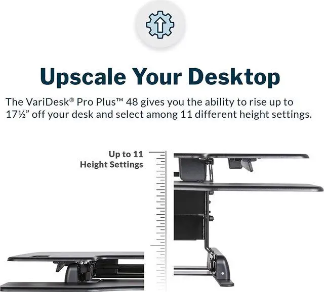 Alt view image 2 of 7 - VariDesk Pro Plus 48  Two-Tier Standing Desk Converter for Dual Monitors  Sit to Stand Desk for Office w/ 11 Height Adjustable Settings, Spring-Assisted Lift, Dual Handles  Fully Assembled, Black