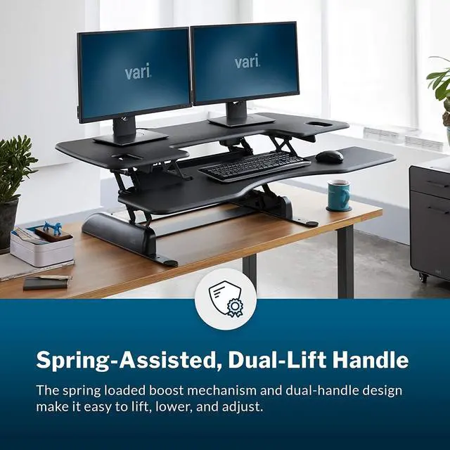Alt view image 6 of 7 - VariDesk Pro Plus 48  Two-Tier Standing Desk Converter for Dual Monitors  Sit to Stand Desk for Office w/ 11 Height Adjustable Settings, Spring-Assisted Lift, Dual Handles  Fully Assembled, Black