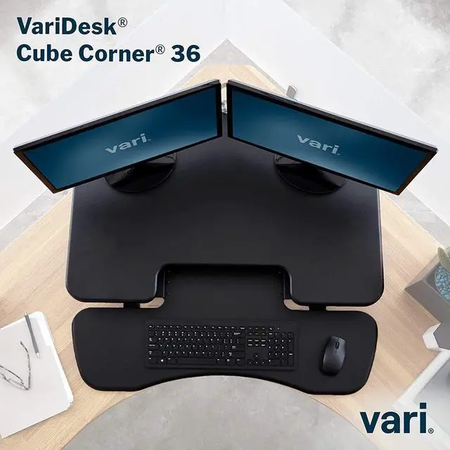 Alt view image 3 of 7 - VariDesk Cube Corner 36 by Vari - Cubicle Standing Desk Converter for Dual Monitors - Home Office Desk with 11 Height Adjustable Settings, Spring-Assisted Lift, Weighted Base - Fully Assembled, Black