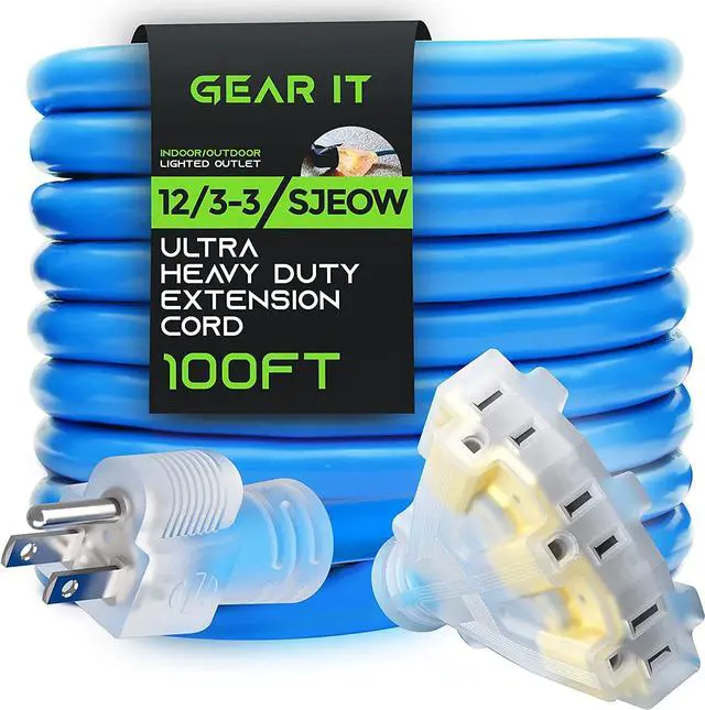Main image of GearIT 12/3 Outdoor Extension Cord (100 Feet) 12 AWG Gauge - 3 Outlet, 3 Prong Plug - SJEOW Extreme Heavy Duty Cold Weather Indoor/Outdoor - Lighted LED Plug, Oil Water Weather Resistant - 100ft