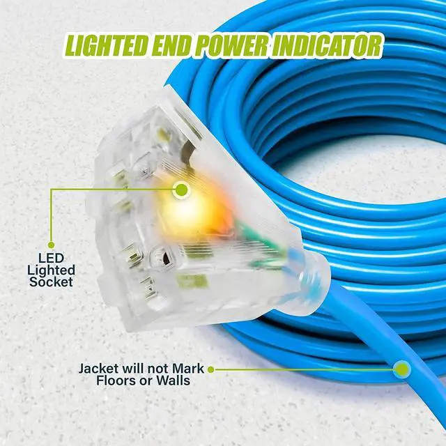 Alt view image 3 of 5 - GearIT 12/3 Outdoor Extension Cord (100 Feet) 12 AWG Gauge - 3 Outlet, 3 Prong Plug - SJEOW Extreme Heavy Duty Cold Weather Indoor/Outdoor - Lighted LED Plug, Oil Water Weather Resistant - 100ft