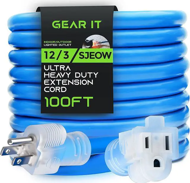 Main image of GearIT 12/3 Outdoor Extension Cord (100 Feet) 12 AWG Gauge - 3 Prong Plug - SJEOW Extreme Heavy Duty Cold Weather Indoor/Outdoor - Lighted LED Plug, Oil Water Weather Resistant - 100ft