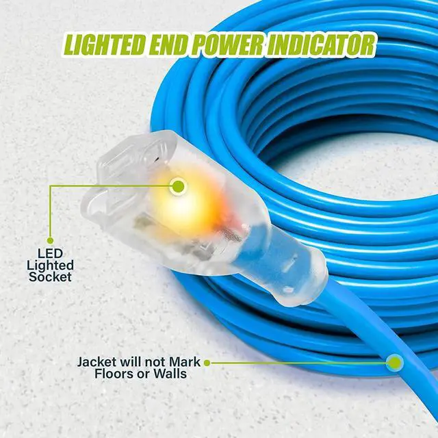 Alt view image 3 of 5 - GearIT 12/3 Outdoor Extension Cord (100 Feet) 12 AWG Gauge - 3 Prong Plug - SJEOW Extreme Heavy Duty Cold Weather Indoor/Outdoor - Lighted LED Plug, Oil Water Weather Resistant - 100ft