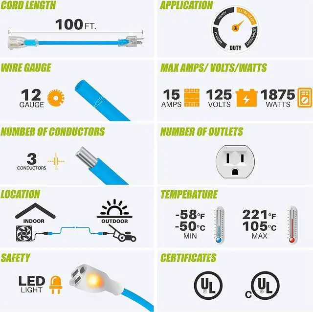 Alt view image 2 of 5 - GearIT 12/3 Outdoor Extension Cord (100 Feet) 12 AWG Gauge - 3 Prong Plug - SJEOW Extreme Heavy Duty Cold Weather Indoor/Outdoor - Lighted LED Plug, Oil Water Weather Resistant - 100ft