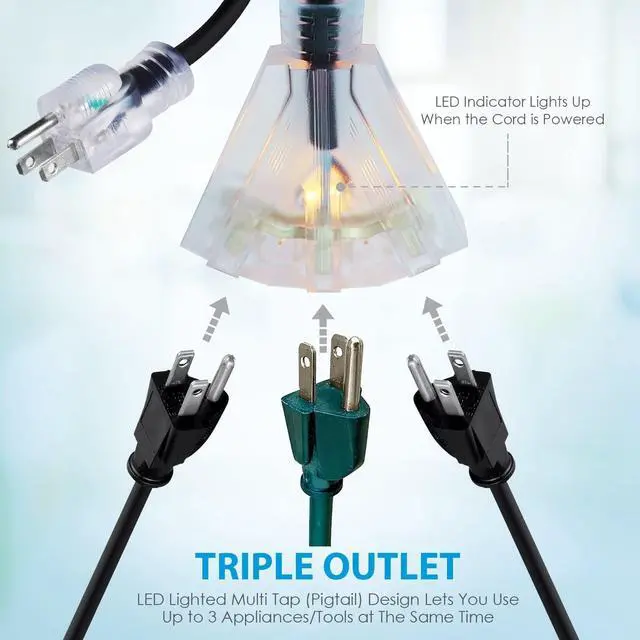 Alt view image 5 of 6 - 100 FT 14/3 Outdoor Extension Cord - SJEOW Rubber, Flexible, Triple Outlet, Black Wire with Live Power Light Indicator. 13 Amp