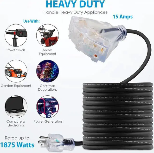 Alt view image 2 of 6 - 100 FT 14/3 Outdoor Extension Cord - SJEOW Rubber, Flexible, Triple Outlet, Black Wire with Live Power Light Indicator. 13 Amp