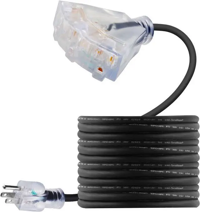 Main image of 15 FT 14/3 Outdoor Extension Cord - SJEOW Rubber, Flexible, Triple Outlet, Black Wire with Live Power Light Indicator. 15 Amp