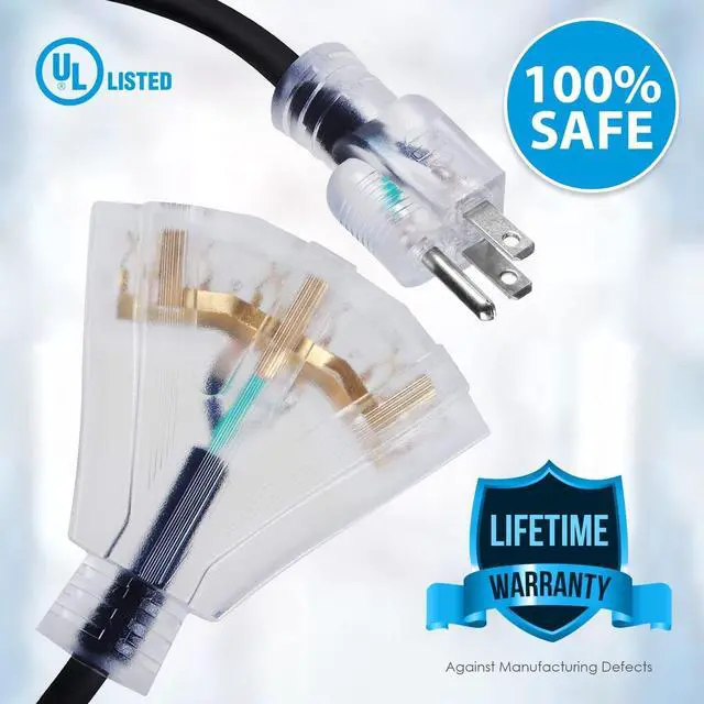 Alt view image 4 of 6 - 15 FT 14/3 Outdoor Extension Cord - SJEOW Rubber, Flexible, Triple Outlet, Black Wire with Live Power Light Indicator. 15 Amp